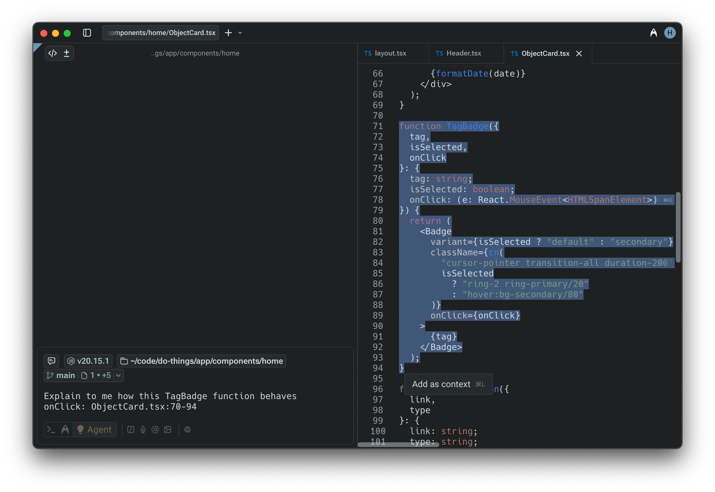 Selecting a function and attaching it as context from Warp's native code editor.